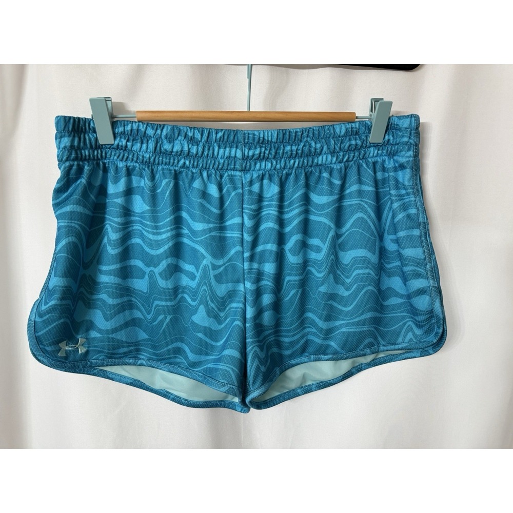Womens Under Armour Teal Wavy Semi-Fitted Running Shorts XL Heat Gear. G17